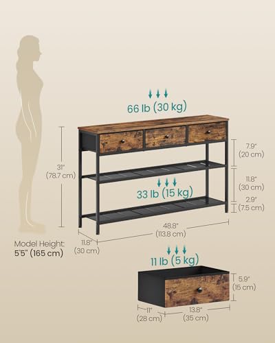 SONGMICS Rustic Brown Console Table with 3 Fabric Drawers, Narrow Entryway Furniture - 11.8"D x 44.8"W x 31"H