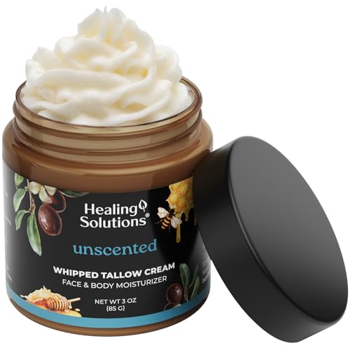 Healing Solutions - Whipped Tallow Balm, 100% Grass Fed/Grass Finished Beef Tallow with Organic Jojoba & Manuka Honey for Skin, Face & Body, All Natural Moisturizer Cream, Made in USA
