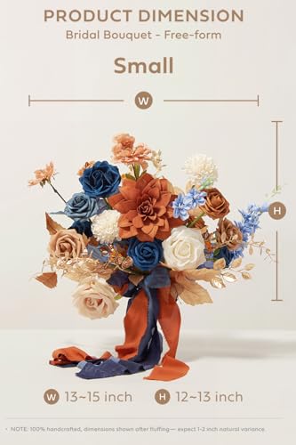 Orange & Navy Blue Bridal Bouquet - Small Freeform Wedding Flowers with Pearls & Crystals