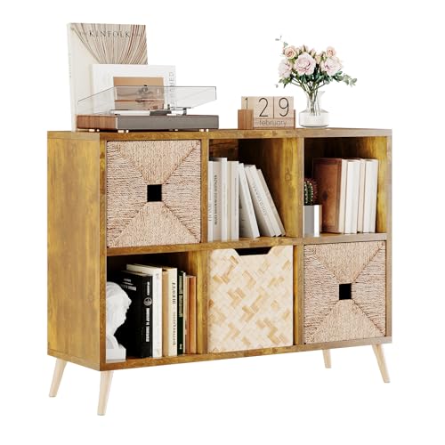 Rustic Brown 6-Cube Storage Organizer with Legs, Fits 11-Inch Bins, Modern Freestanding Bookcase