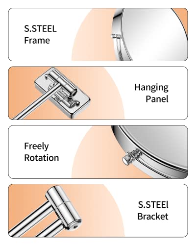 Wall-Mounted Makeup Mirror 9 Inch with 1X/10X Magnification - Silver, 13.5"L x 17.6"W