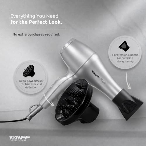 Lightweight Ionic Ceramic Hair Dryer with Diffuser - Silver - 1875W Travel-Ready Dual Voltage