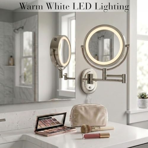 JERDON Lighted Wall-Mount Makeup Mirror - 5X Magnification - Nickel Finish