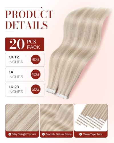 Moresoo Blonde Tape-in Hair Extensions Ash Blonde 18 Inch 20 Pieces - Variation 1-18P613 Highlights