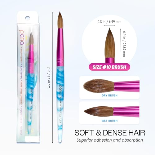 PANA Pure Kolinsky Nail Art Brush Size 10 - Round Pink Ferrule & White Swirl Blue Handle