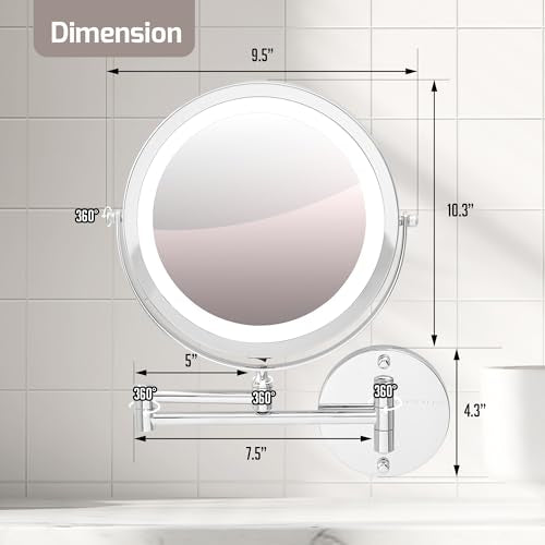 OVENTE Wall Mounted Lighted Makeup Mirror, 9" Double Sided 1X/10X Magnifying Vanity Mirror for Bathroom with LED Lights, Cordless, 360¡Æ Rotation and 13" Extendable Arm, Polished Chrome MFW85CH1X10X