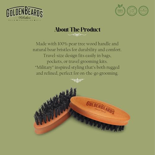 Golden Beards Travel Beard Brush ? Pear Tree Wood Handle & Natural Boar Bristles ? Compact Grooming Tool That Fits in Your Bag, Perfect for Beard Maintenance on the Go
