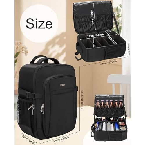 Relavel Makeup Backpack, Professional Travel Train Case Makeup Artist Kit Set Bag for Women Extra Large Cosmetic Organizer, Brush Storage Holder, with Adjustable High Dividers, Black
