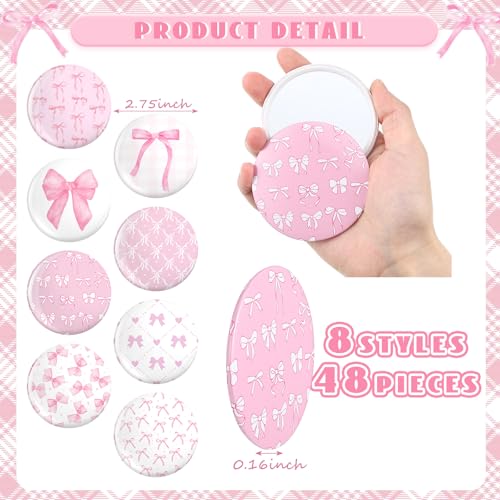 Namalu 48 Pcs Pink Bow Party Favors Pink Bow Coquette Mini Pocket Mirrors Inspirational Christian Gifts Bulk for Women Portable Round Makeup Mirror Church Religious(Cute Style)