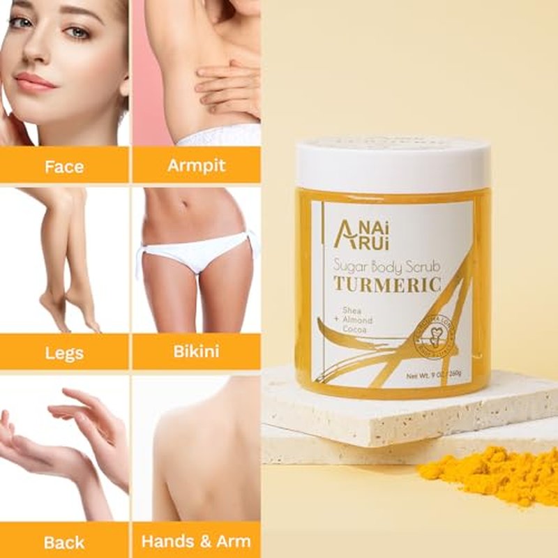 ANAI RUI Turmeric Body Scrub Exfoliator, Sugar Scrub for Exfoliating, Smoothing, Hydrating Skin, Face & Body Scrub with Turmeric, Face Body Hand and Foot Scrub, Moisturizing Body SkinCare, 9 OZ