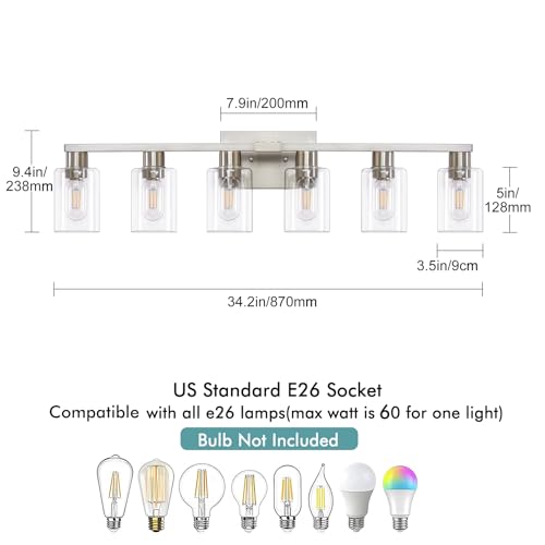 HDASIC Brushed Nickel 6-Light Vanity Light with Clear Glass - 34.25in Bath Fixtures