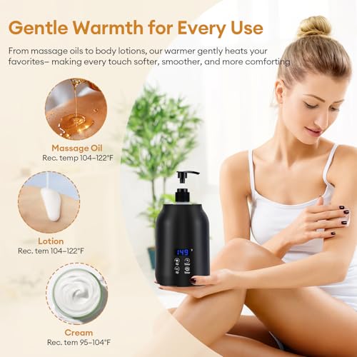 Massage Oil Warmer Heater with Dual 8.5oz Massage Oil Bottles & Funnel, Adjustable Temp (86?149¡ÆF) & Timer (0.5?24H), Compact & Quiet Heated Lotion Warmer Dispenser for Spa, Salon, Home Use