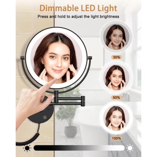 Benbilry 9" Large Wall Mounted Lighted Makeup Mirror, 1X/10X Magnifying 2-Sided AC Plug-in Powered Bathroom Mirror with 3 Color Lights, Touch Dimmable, Extended Arm 360¡Æ Rotation, Black