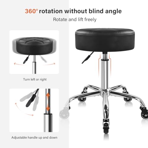 Black Nine-Grid Salon Stool with Wheels - Adjustable Height Swivel Chair with Thick Cushion