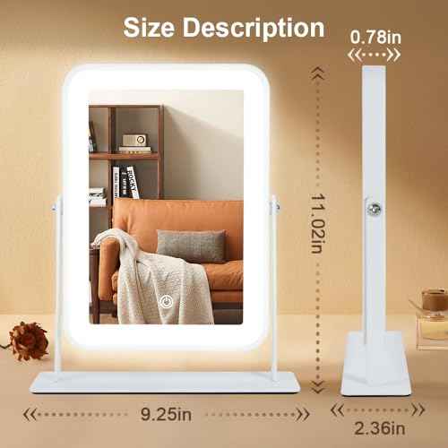 Rechargeable LED Vanity Mirror with Lights,11"¡¿9" Small Desk Makeup Mirror with Lights,Smart Touch with 3-Color Lighting,Dimmable,for Birthday Gifts for Women,Home Dorm Decor