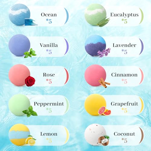 TranquilBliss Bath Bombs Set 50 PCS with 10 Rich Scents, Bath Bombs for Women, Natural Bubble Bombs with Shea Butter & Safe Oil, Ideal for Christmas, Birthday, Valentine's Day Mother's Day Present