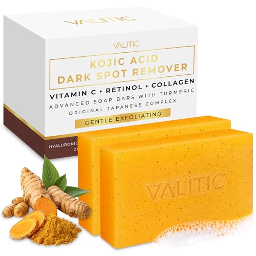 VALITIC Kojic Acid Soap - Turmeric Soap for Dark Spots for Face and Body - Exfoliating Bar for Hyperpigmentation, Skin Tone Corrector with Retinol, Vitamin C, Collagen and Hyaluronic Acid - 2 Pack