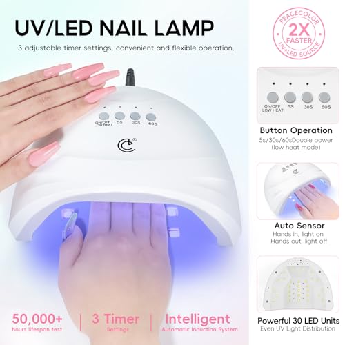 PEACECOLOR Gel Nail Polish Kit with U V Light 82PCS, 56 Colors Gel Polish Set with Cat Eye Gel Nail Polish 4Pcs Glossy/Matte/Glitter Top Base Coat Rhinestones Manicure Kit Gifts for Women Salon Home