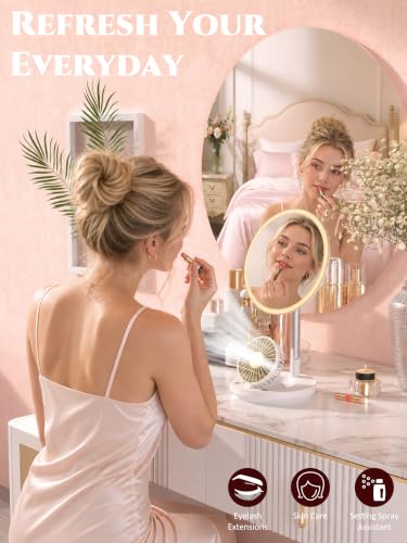 3-in-1 LED Makeup Mirror with Fan, Rechargeable Portable Vanity Light