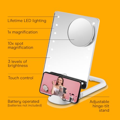 White Lighted Makeup Mirror with 10X Magnification & Phone Holder - 14.3" x 9"