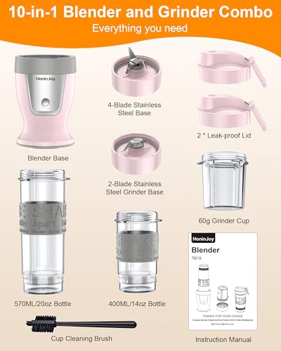 Pink Smoothie Blender and Grinder Combo - 10-Piece Portable Set