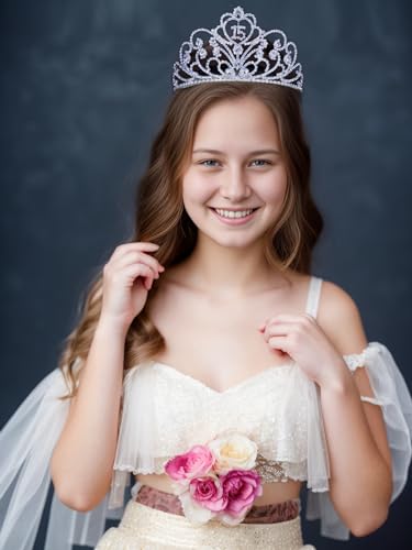 Quinceanera Tiara Crown with Rhinestones and Hair Combs - Silver Plated, Clear Austrian Crystals