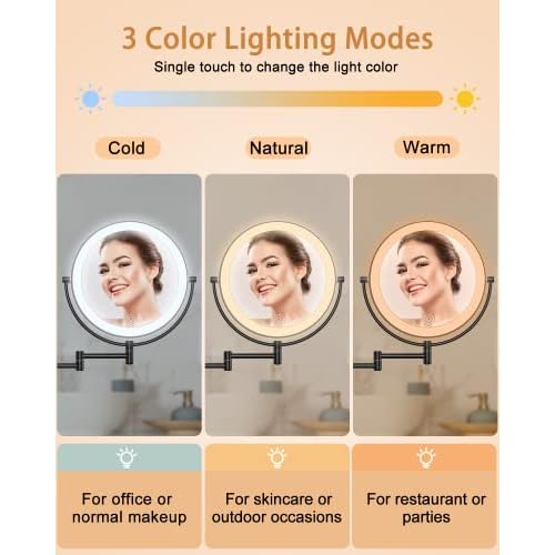 Benbilry 9" Large Wall Mounted Lighted Makeup Mirror, 1X/10X Magnifying 2-Sided AC Plug-in Powered Bathroom Mirror with 3 Color Lights, Touch Dimmable, Extended Arm 360¡Æ Rotation, Black
