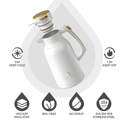 IDEUS 68oz Thermal Coffee Carafe with Vacuum Insulation, White-Gold, Model 67.6 Ounces