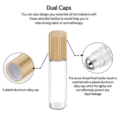 PrettyCare 10ml Glass Essential Oil Roller Bottles Set with Bamboo Lids - 24 Pack, Clear with Wooden Cap