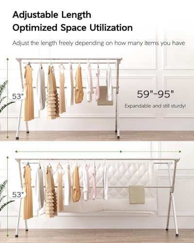 VIKAQI 95-Inch Folding Outdoor Indoor Clothes Drying Rack with 20 Hooks, 12 Clips, Heavy-Duty Stainless Steel