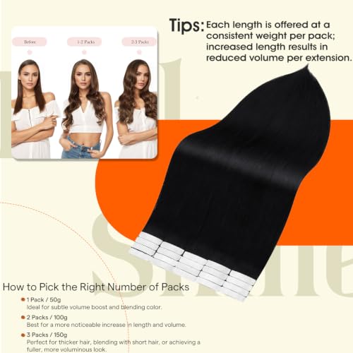 Full Shine Tape-In Human Hair Extensions - Jet Black, 24 Inch, 50G, 20 Pieces - Variation 1