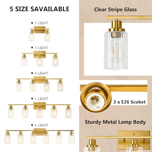 Jonsi 3-Light Brushed Gold Bathroom Vanity Light with Fluted Glass Shades - 23.5 Inch