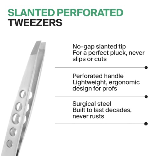 GERMANIKURE Perforated Slanted Tweezers with Leather Sleeve, German Steel Precision Grooming Tool