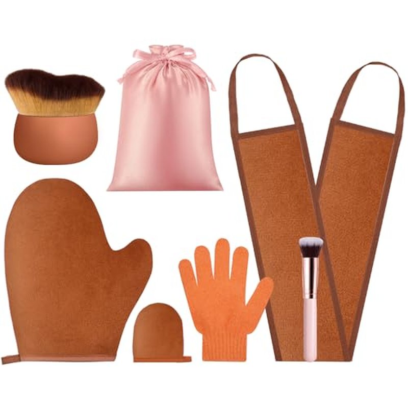 6pcs Self Tanning Mitt Applicator Kit Including Self Tanning Mitt and Brush, Body Brush, Back Applicator, Mini Facial Glove, Facial Tool, Exfoliating Glove(Brown)