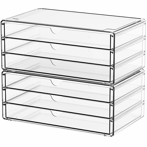 Yieach 2 Pack Acrylic Storage Drawers With 6 Drawers,Stackable Desk Organizer and Makeup Organizer,Large Clear Office Supplies Organizer for Pen,Stationary,Palettes,Arts Craft Organizers and Storage