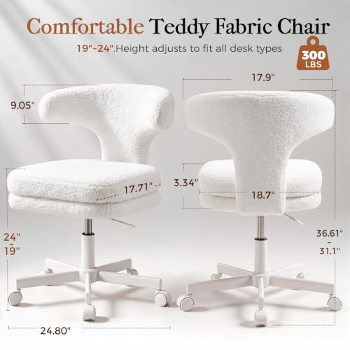 Snow White Teddy Fabric Office & Vanity Chair - Ergonomic Tall Desk Seat