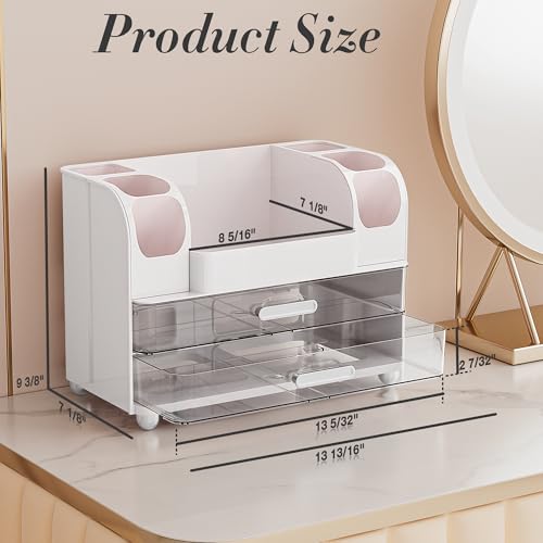 Delamu Makeup Organizer Countertop with 6 Brush Holder, Bathroom Countertop Organizer with 2 Large Drawers, Cosmetic Display Case for Vanity, Ideal Christmas Gifts for Women Girls, Light White