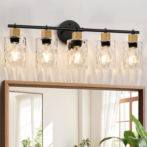 Matte Black 5-Light Coastal Vanity Light with Crystal Glass Shades – Farmhouse Bathroom Wall Fixture