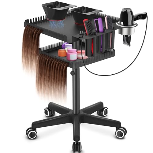 Salon Hair Extensions Organizer Cart with Magnetic Bowls & Adjustable Height - Black