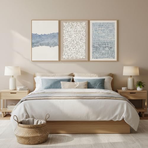 Blue and Neutral Mid-Century Boho Wall Art Set - 3 Panels 16x24 Framed