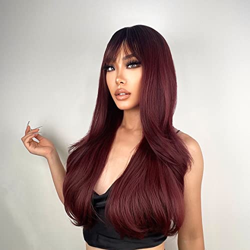 Wine Red Ombre Wigs with Bangs for Women Long Layered Synthetic Heat-Resistant Hairpiece - Burgundy
