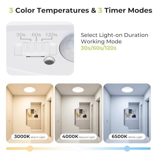 Hepside 4 Pack Motion Sensor Ceiling Light 7 Inch 15W, Adjustable Color & Timer