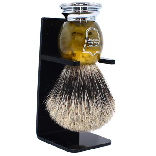 Parker Safety Razor Faux Horn 3-Band Pure Badger Shaving Brush + Stand, 22mm Knot
