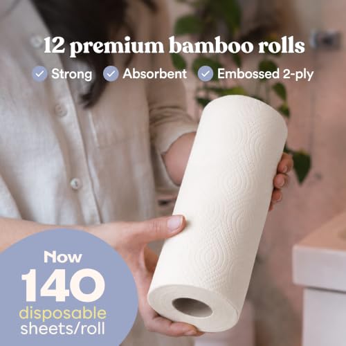 White Bamboo Paper Towels 12 Rolls - Eco-Friendly, Non-Toxic, 140 Sheets Each