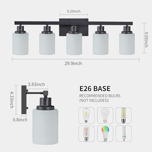Black Bathroom Vanity Light Over Mirror 5-Light Fixture 30in - Matte Black