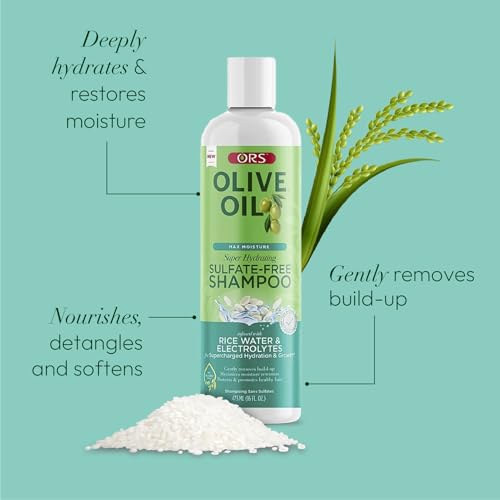 ORS Olive Oil Max Moisture Hydrating Sulfate-Free Shampoo - Pack of 2, Infused with Rice Water & Electrolytes - 16 Oz
