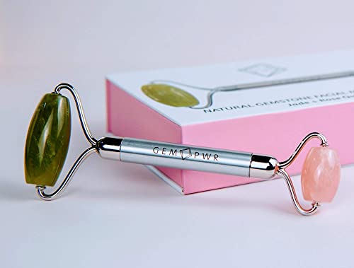 Jade and Rose Quartz Facial Roller for Face and Neck Massage - Dual Gemstones with Travel Bag - Minimize Wrinkles & Puffiness, Boost Skin Elasticity (Variation: Jade + Rose Quartz)