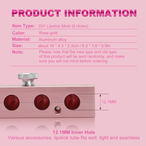 Lipstick Mold, Ymiko 12.1 Dual Uses Lipstick Maker, Lip Balm Making Kit, 6 Cavity Maker, for Making Single Color, Rose Gold Aluminum Alloy
