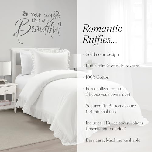 Twin XL Duvet Cover Set with Ruffled Border - White Cotton Bedding for Dorm & Teen Rooms