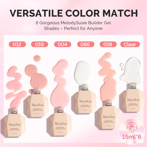 MelodySusie Builder Gel Nail Set for Nails Thickening,6 Colors 15ML Nude Base Colors Clear Rubber Base Gel Polish,Soak Off UV Extension Gel,Rhinestone Nail Glue in a Bottle Gift for Women